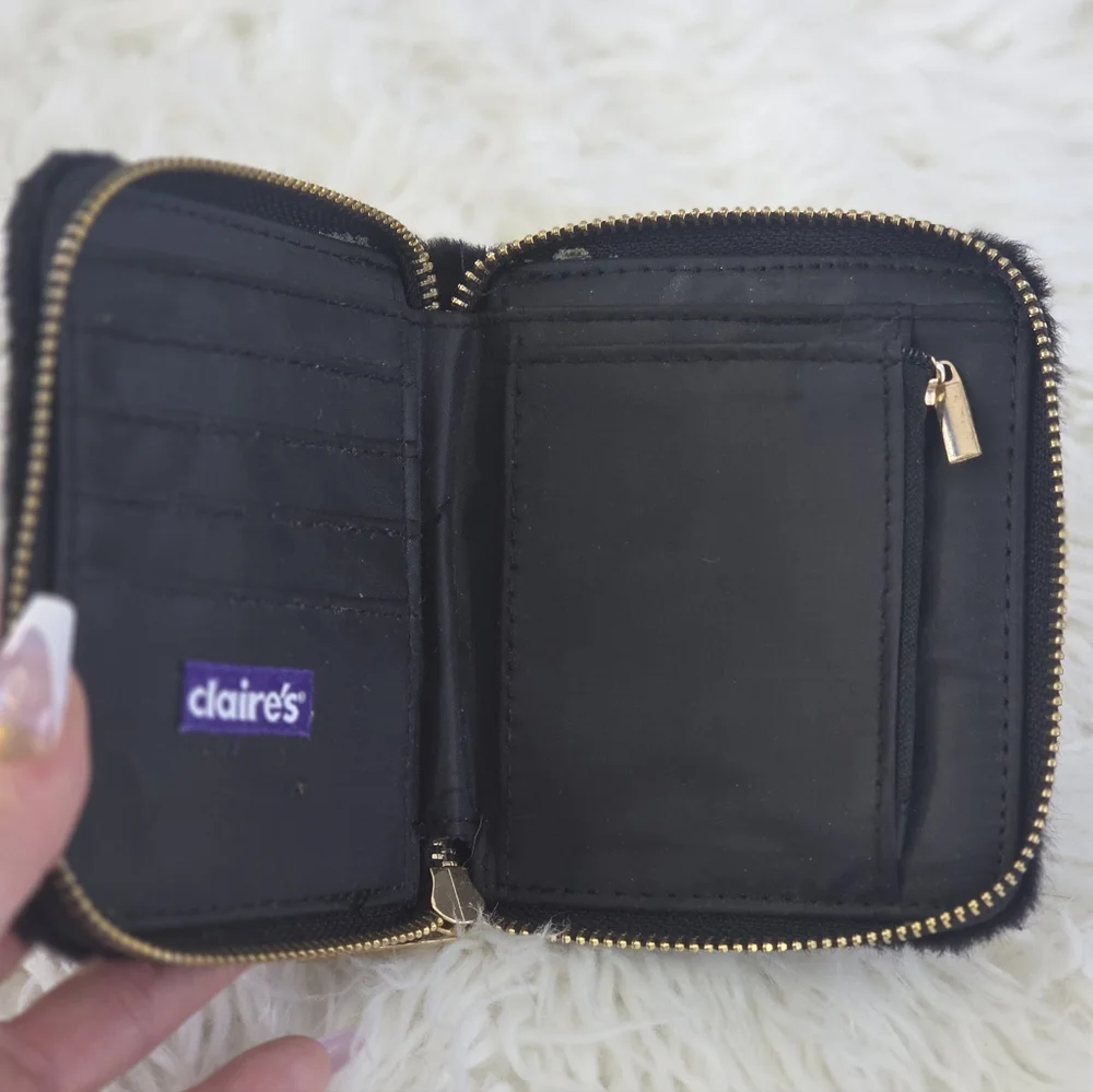 Claire's Black Gold Square Zip Around Elegant Faux Fur Wallet Clutch Purse